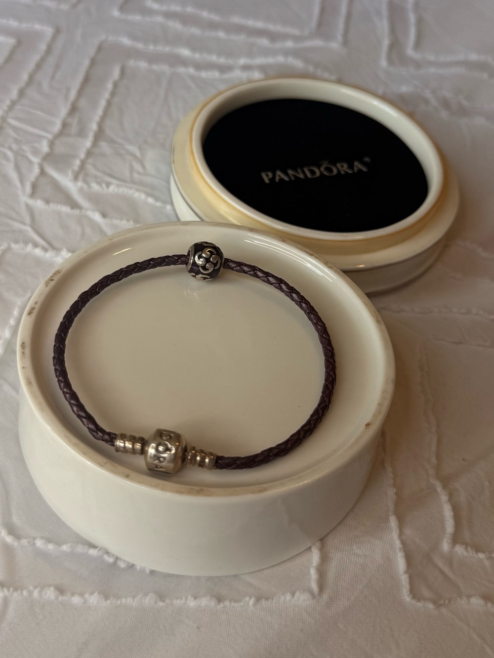 Pandora Purple Braided Leather Bracelet + Genuine Purple Charm | Approx. 21 cm